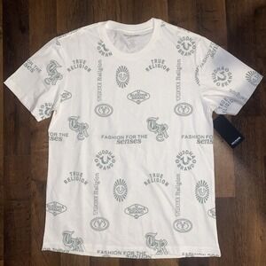 True Religion All Over Print Tee Winter White Large NWT Rare Multi-Logo Print